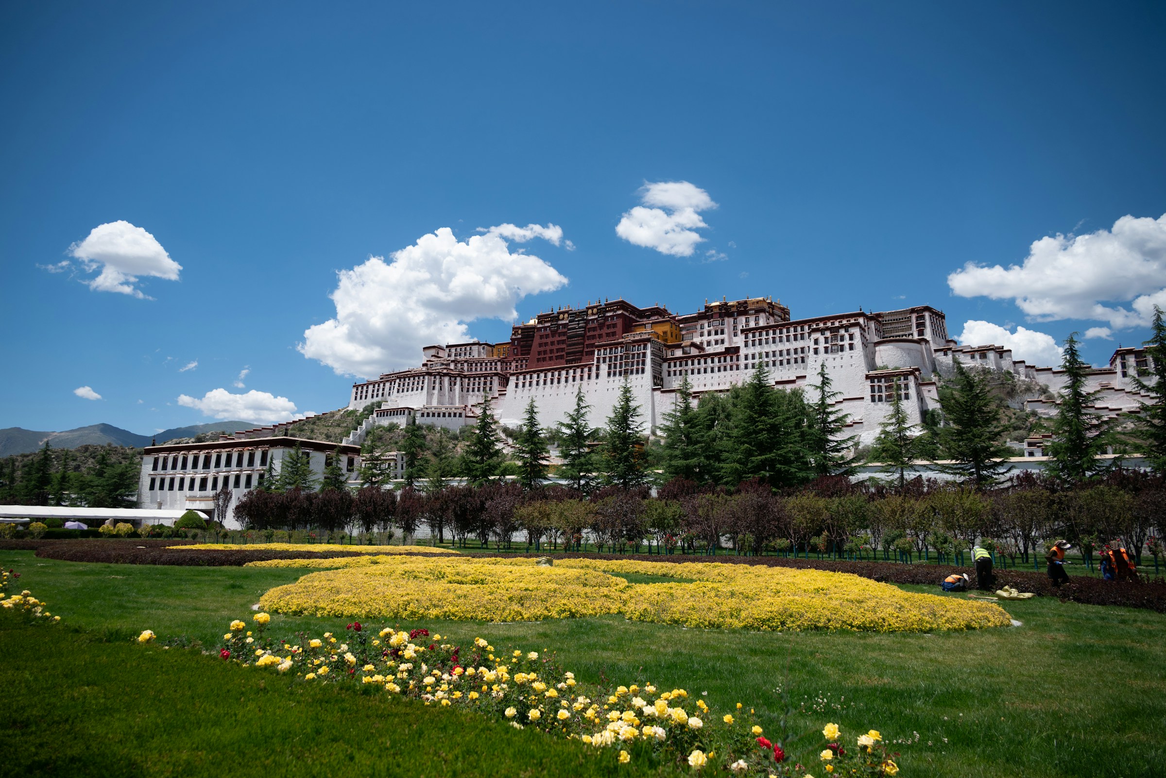 Potala Palace with blooming flowers and clear blue sky
